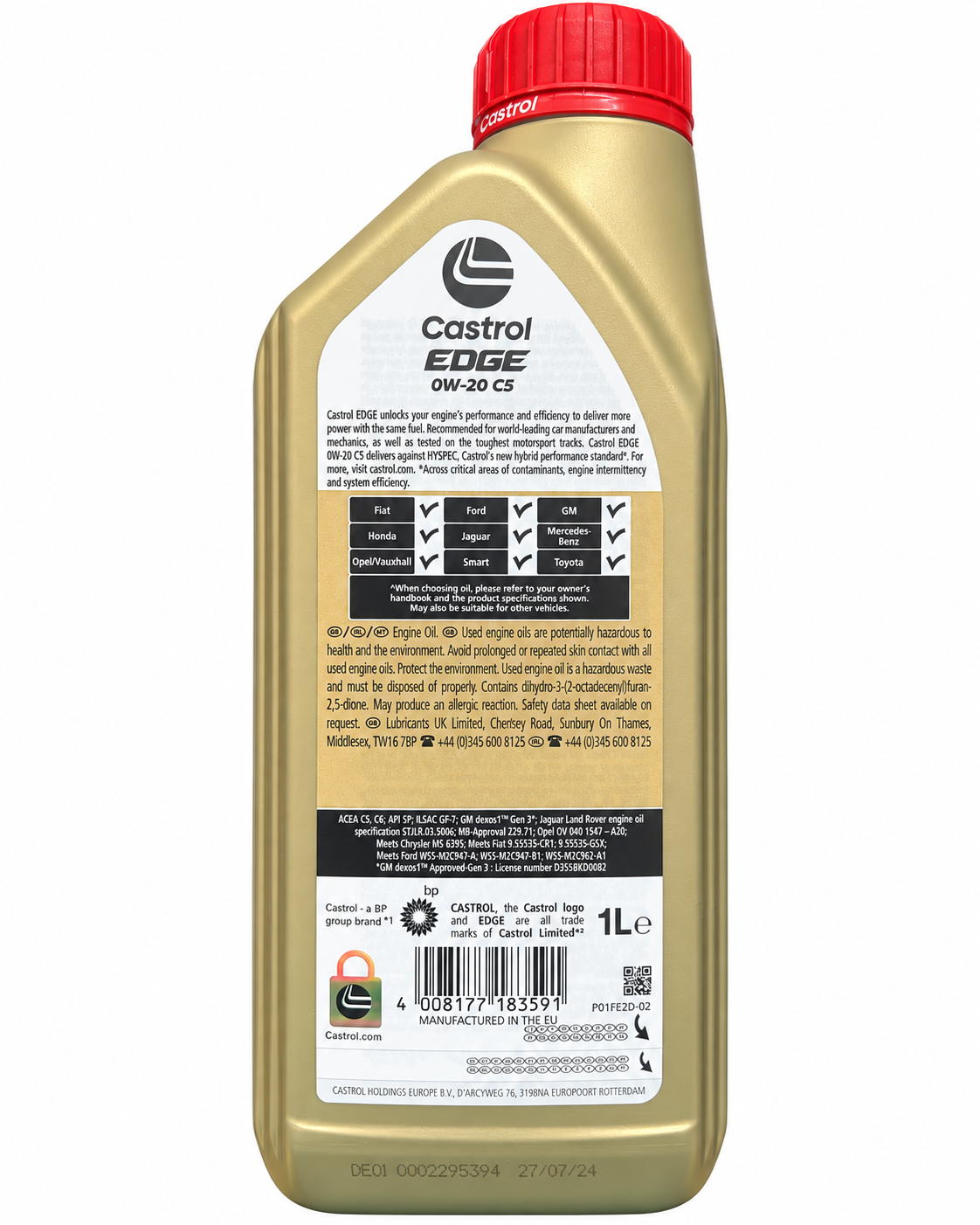 Castrol EDGE 0W-20 C5 1L retro etichetta specifiche