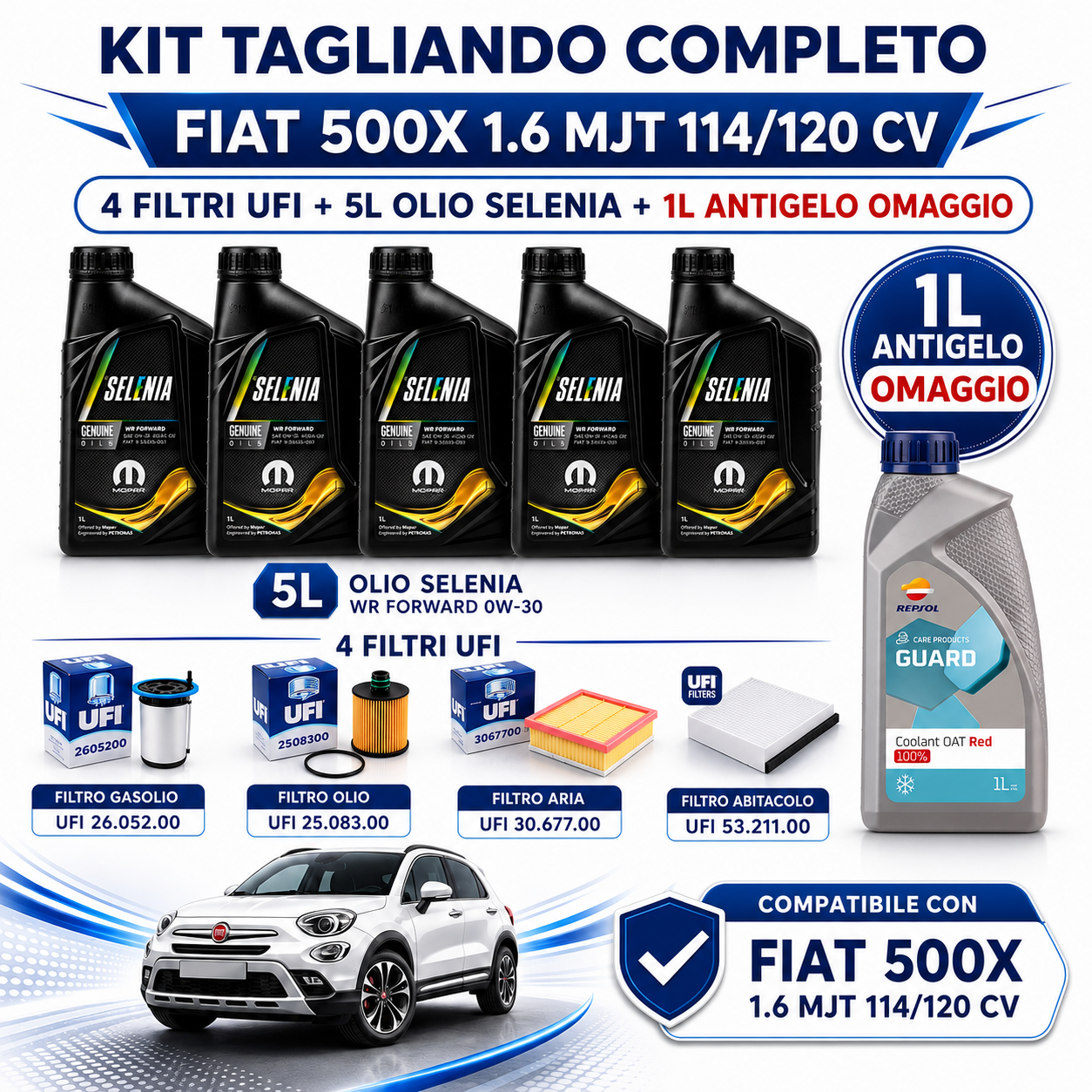 Kit Tagliando Completo Fiat 500X 1.6 MJT 114/120 CV con 4 Filtri UFI + 5L Olio Selenia WR Forward 0W30 + 1L Antigelo Omaggio