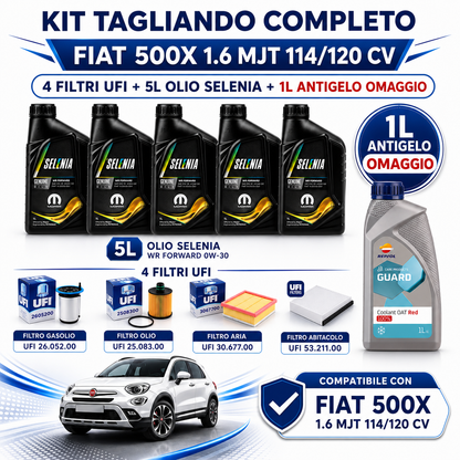 Kit Tagliando Completo Fiat 500X 1.6 MJT 114/120 CV con 4 Filtri UFI + 5L Olio Selenia WR Forward 0W30 + 1L Antigelo Omaggio