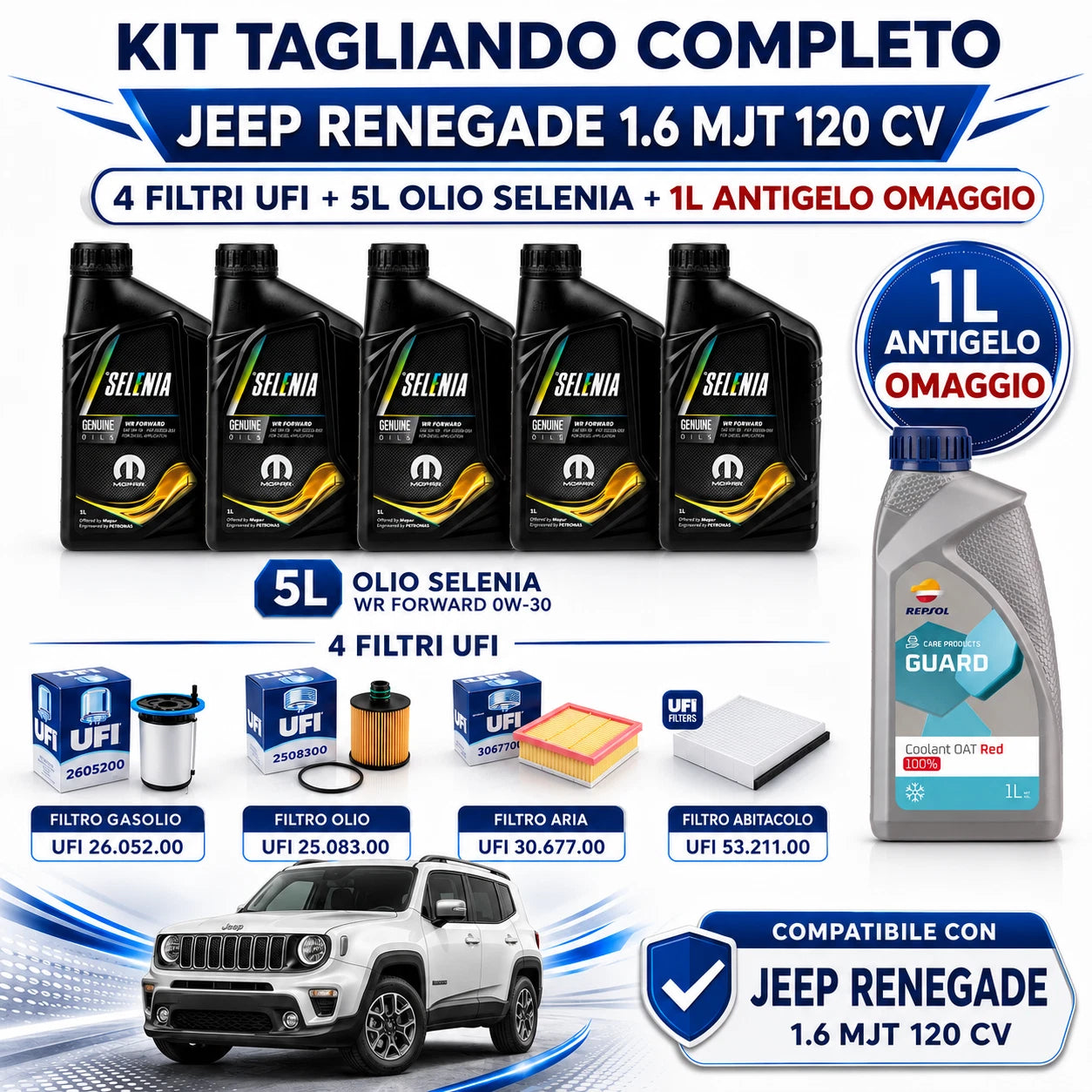 Kit Tagliando Completo Jeep Renegade 1.6 MJT 120 CV con 4 Filtri UFI + 5L Olio Selenia WR Forward 0W30 + 1L Antigelo Omaggio