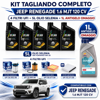 Kit Tagliando Completo Jeep Renegade 1.6 MJT 120 CV con 4 Filtri UFI + 5L Olio Selenia WR Forward 0W30 + 1L Antigelo Omaggio